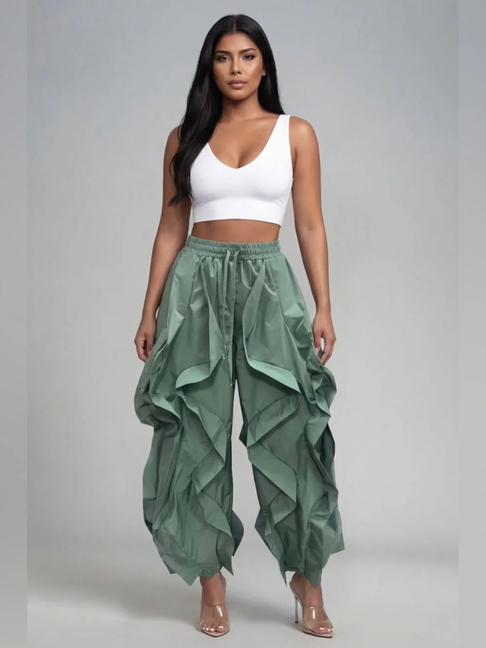 Yellow Ruffle Wide-Leg Wavy Drawstring Pants - Picture 14 of 16